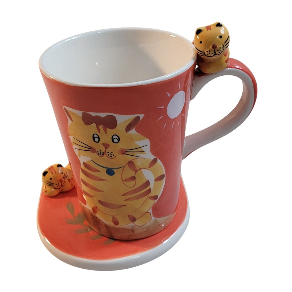 Hues N Brews Cat Mug and Butterfly Tea Bag Holder Set Orange Ceramic 3D Kitten